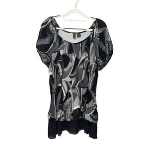 Sere Nade Black White Abstract According‎ Pleat Sheer Peplum Plus Blouse 2X